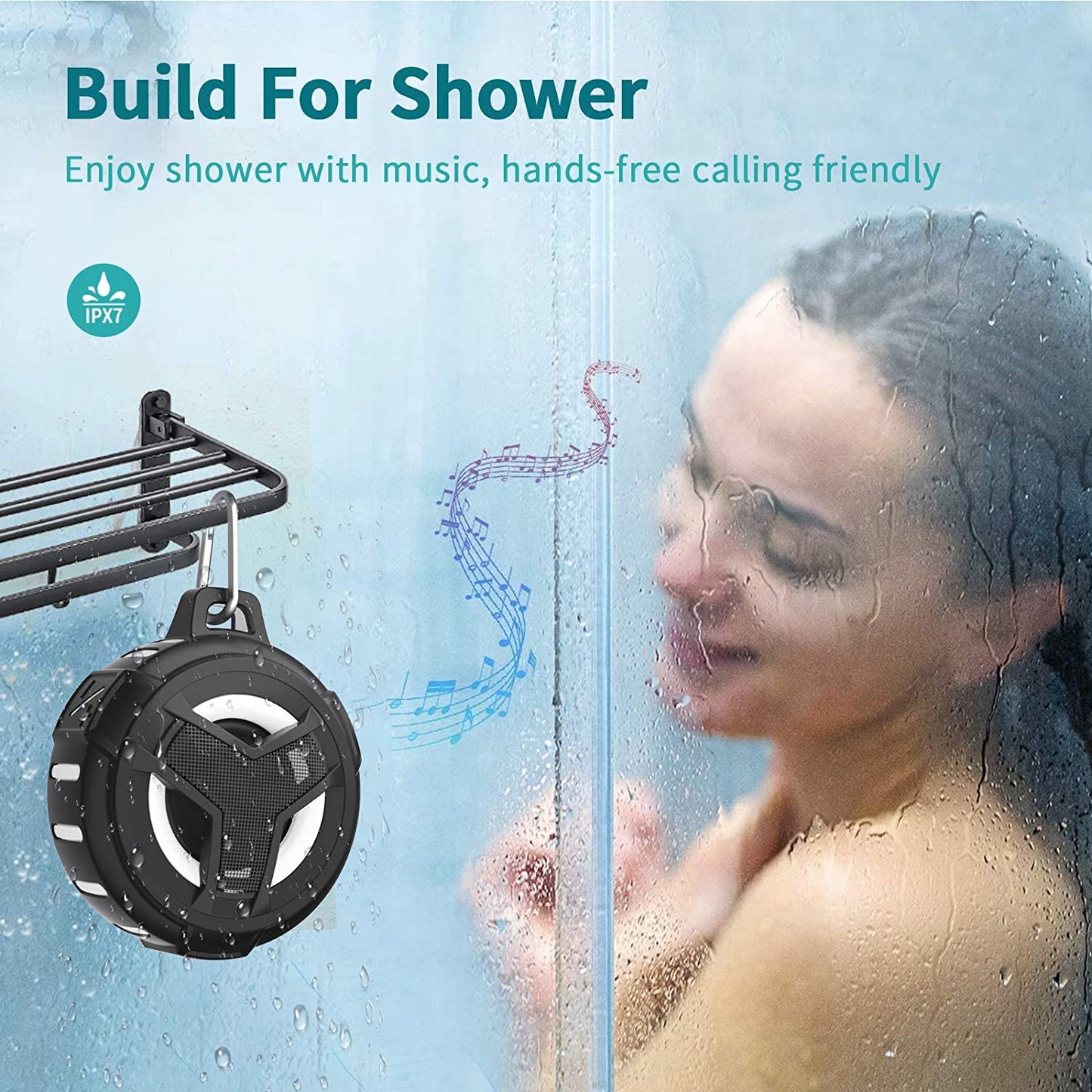 Bluetooth Shower Speaker, Waterproof Portable Bluetooth Speakers, IP67 Waterproof Wireless Speaker with LED Light, Floating, 2000Mah, True Wireless Stereo for Kayak, Beach,Gifts for Men -Black
