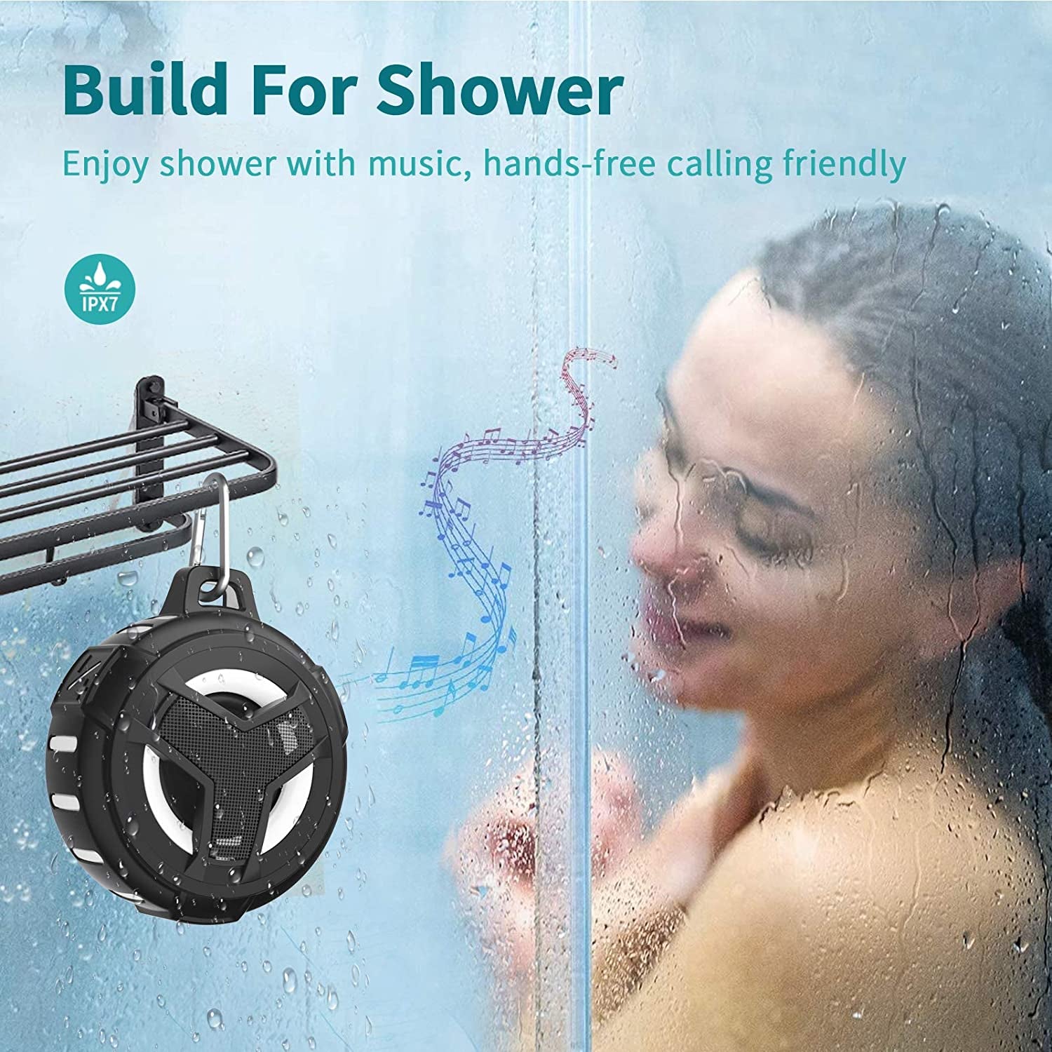 Bluetooth Shower Speaker, Waterproof Portable Bluetooth Speakers, IP67 Waterproof Wireless Speaker with LED Light, Floating, 2000Mah, True Wireless Stereo for Kayak, Beach,Gifts for Men -Black