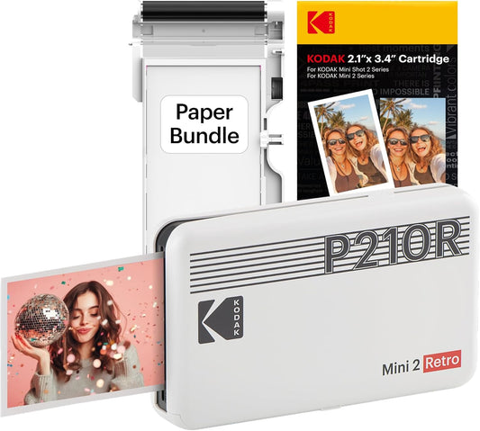 Mini 2 Retro 2.1X3.4” Portable Photo Printer (60 Sheets), Wireless Connection, Compatible with Ios, Android & Bluetooth, Real Photo, 4PASS & Lamination Process, Premium Quality – White