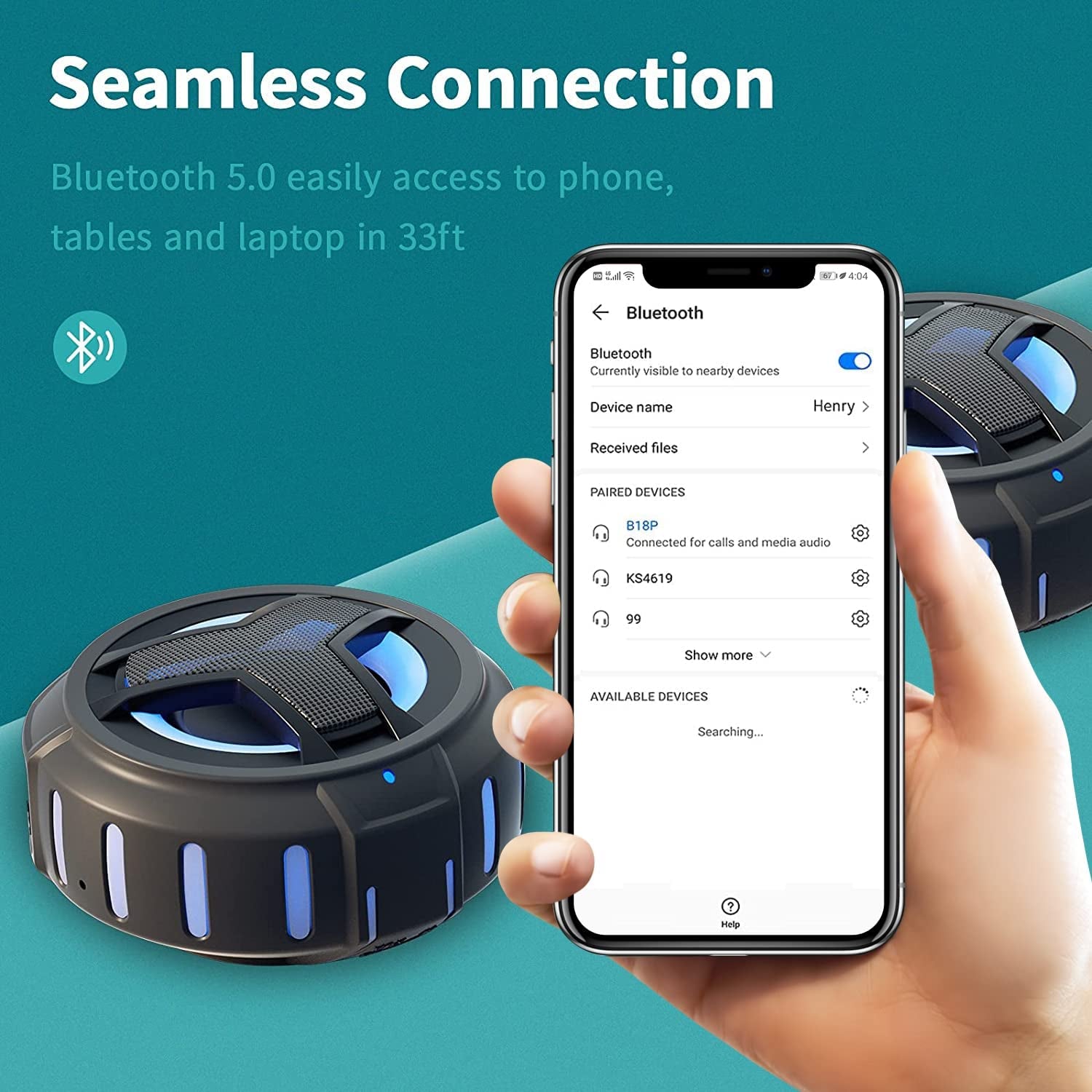 Bluetooth Shower Speaker, Waterproof Portable Bluetooth Speakers, IP67 Waterproof Wireless Speaker with LED Light, Floating, 2000Mah, True Wireless Stereo for Kayak, Beach,Gifts for Men -Black