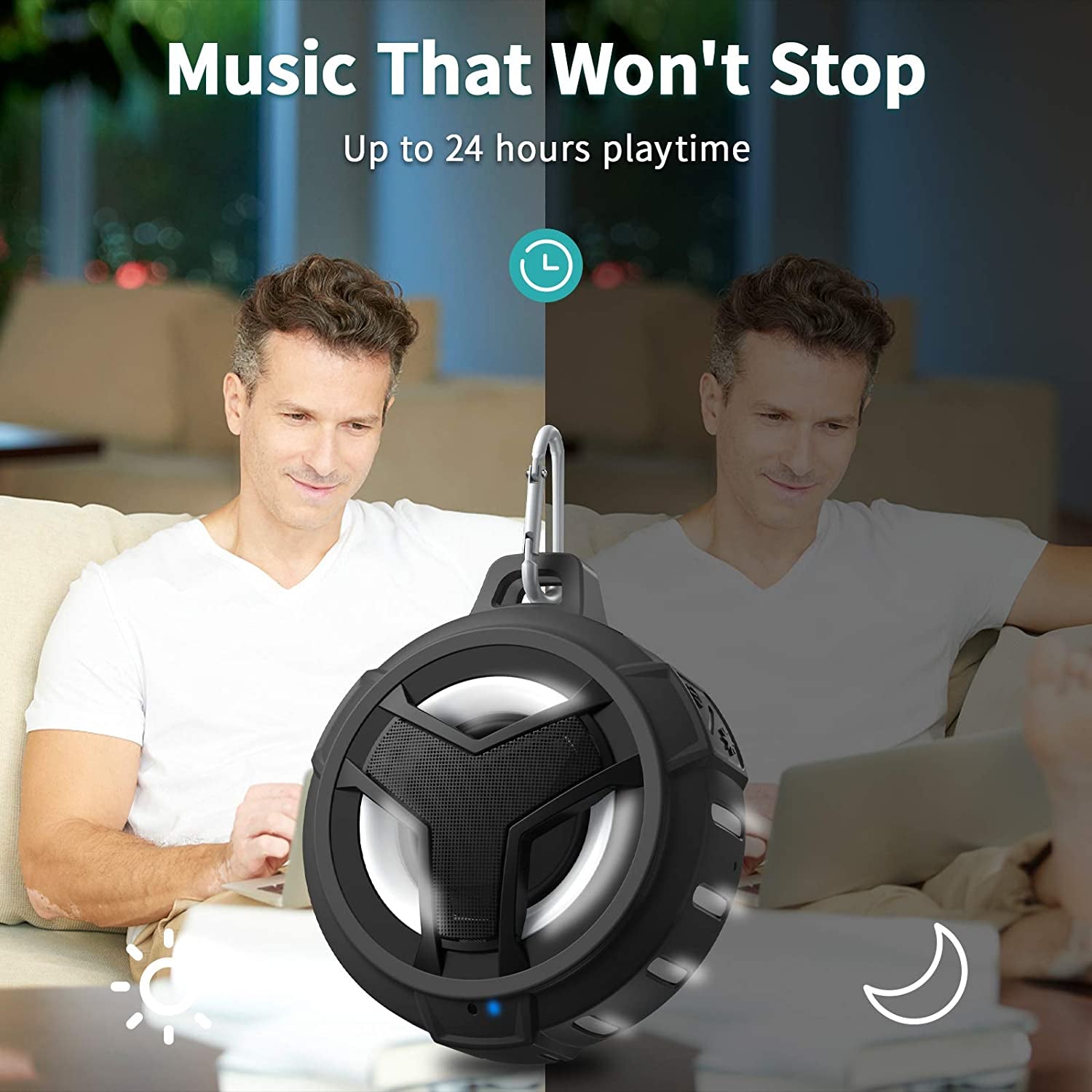 Bluetooth Shower Speaker, Waterproof Portable Bluetooth Speakers, IP67 Waterproof Wireless Speaker with LED Light, Floating, 2000Mah, True Wireless Stereo for Kayak, Beach,Gifts for Men -Black